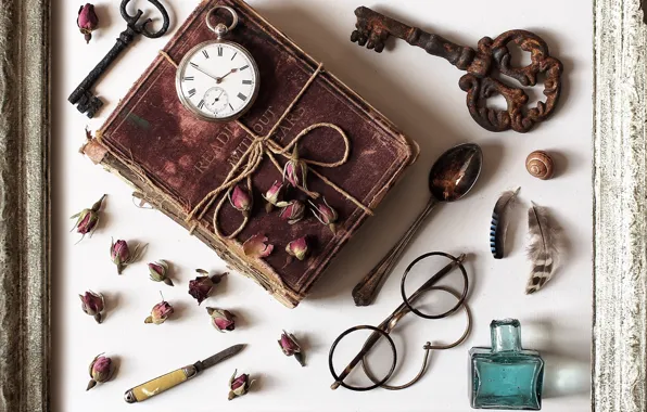 Things, watch, roses, frame, feathers, key, glasses, spoon