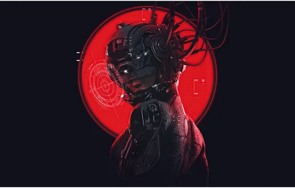 Picture girl, helmet, black background, sensors, digital art, Cyberpunk 2077, the red circle, digital art