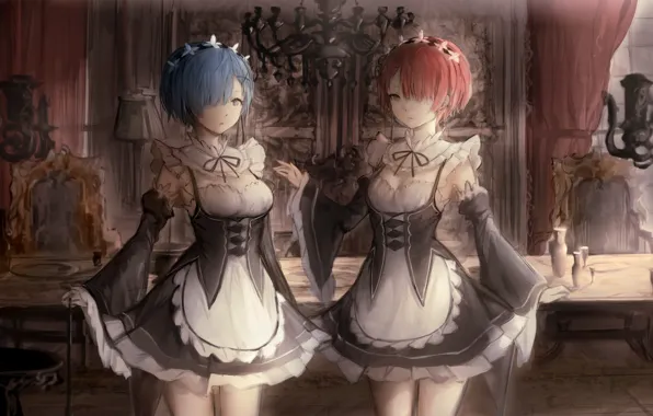 Girls, demons, anime, art, Ram, maids, Rem, Re: Zero kara hajime chip isek or Seikatsu