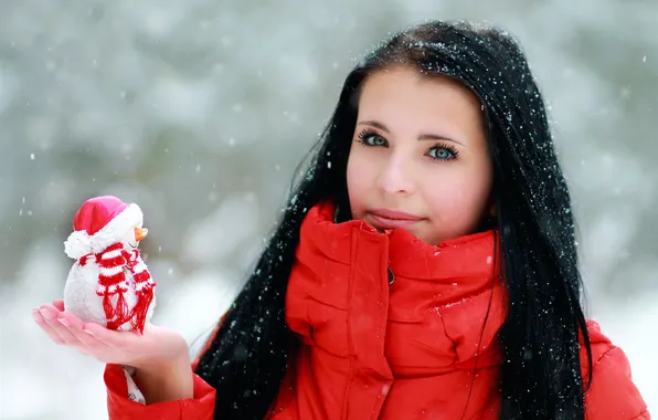 Picture GIRL, RED, SNOW, WINTER, BRUNETTE, The JACKET, SNOWMAN
