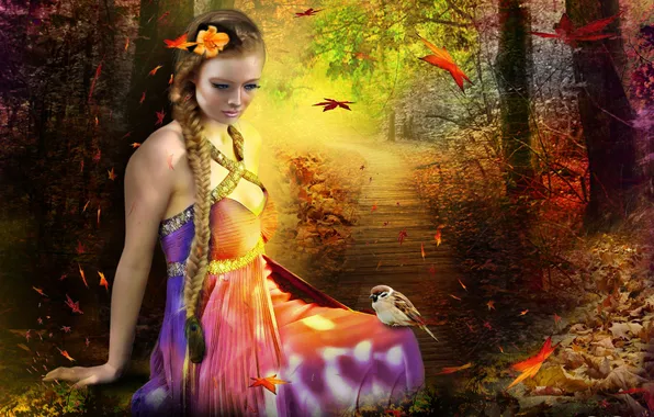 Picture autumn, leaves, girl, trees, flowers, birds, eyelashes, fiction