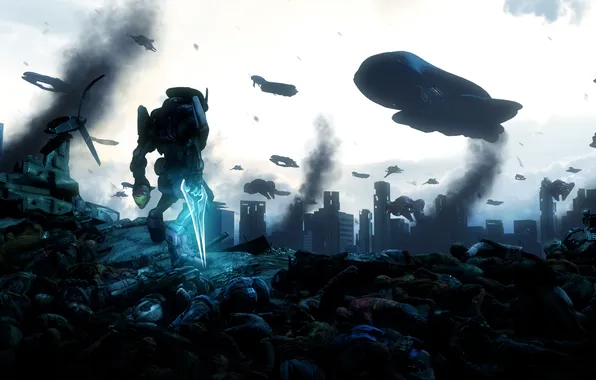 Picture the city, death, war, ruins, battle, corpses, spaceship, halo