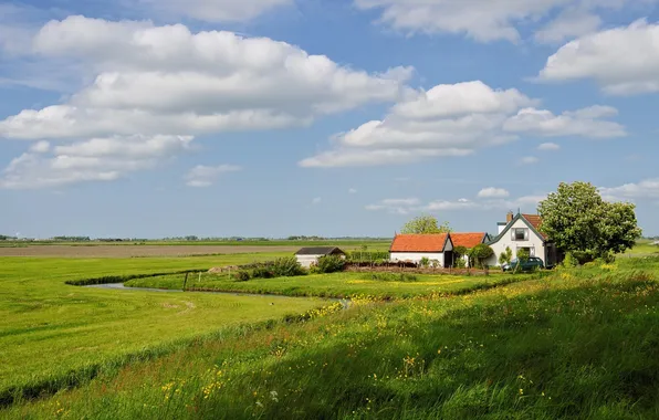 Machine, grass, clouds, landscape, house, meadow