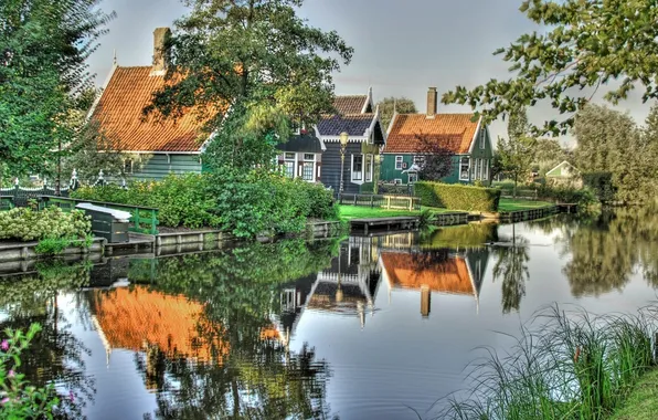 Greens, grass, trees, nature, shore, figure, houses, leaves