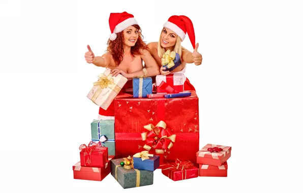 Gifts, white background, New year, box, girls