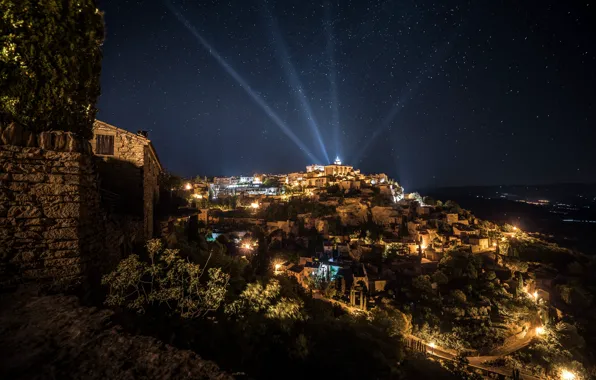 The sky, mountains, night, lights, France, home, stars, rays of light