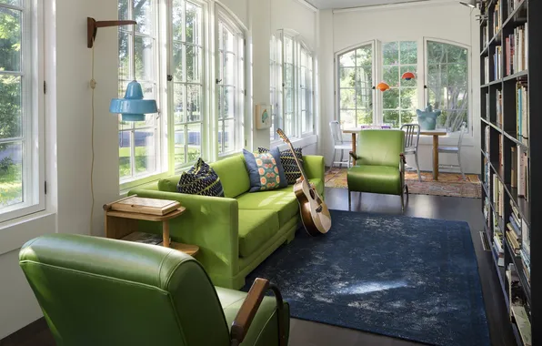 Design, style, room, guitar, interior, library, living room, upholstered furniture