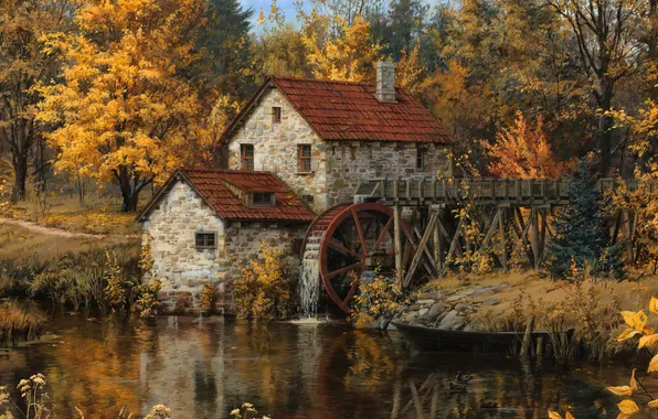 Picture RESERVOIR, forest, autumn, МЕЛЬНИЦА, ДОМ, Художник Евгений Лушпин