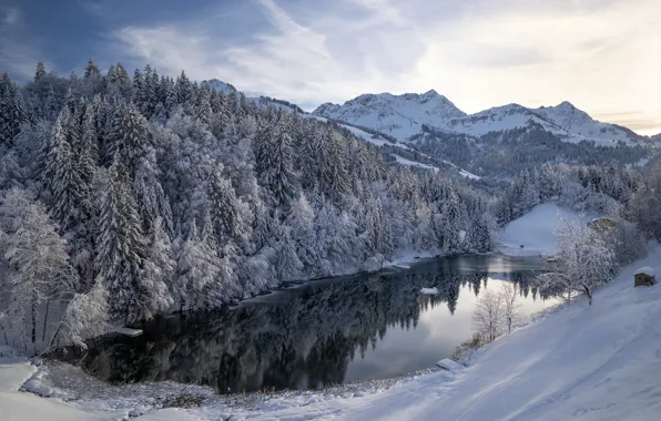 Winter, frost, forest, the sky, clouds, snow, mountains, lake