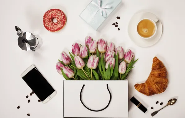Flowers, Coffee, gifts, tulips, phone, Holiday, Donut