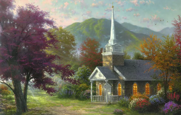 Trees, flowers, mountains, nature, painting, chapel, the rays of the sun, nature