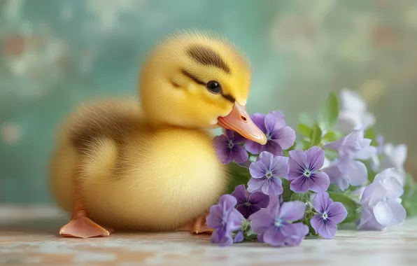 Flowers, yellow, bird, duck, chick, a bunch, lilac, duck