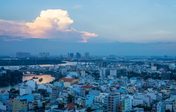 The sky, clouds, bridge, the city, river, blue, home, morning