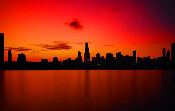 Sea, Sunset, skyscrapers, calm