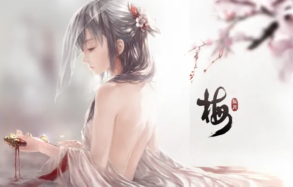 Water, girl, petals, Sakura, art, characters, dagger