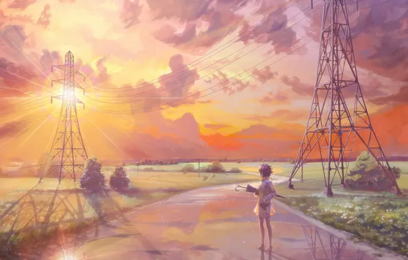 Road, girl, umbrella, art, after the rain