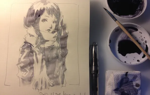 Girl, sheet, figure, anime, scarf, brush, napkin, marker