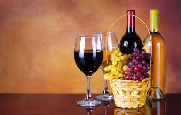 Wine, basket, glasses, grapes, bottle