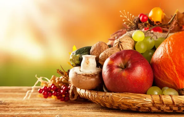 Autumn, apples, mushrooms, harvest, grapes, pumpkin, fruit, vegetables