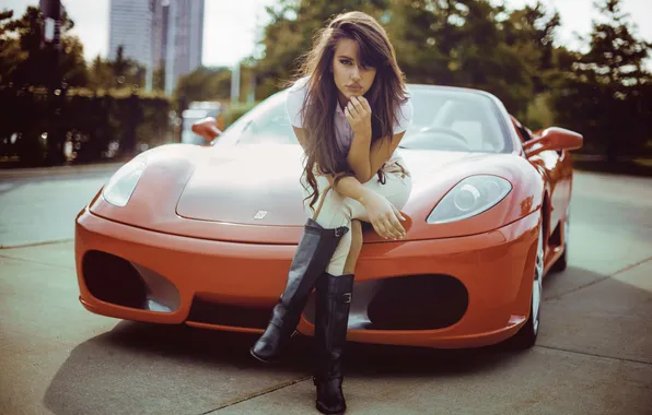 Picture look, girl, brunette, red, ferrari, f430, Rosistsa