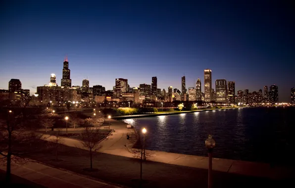 Night, city, Park, skyscrapers, USA, Chicago, Illinois