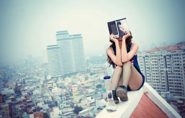 Roof, girl, book