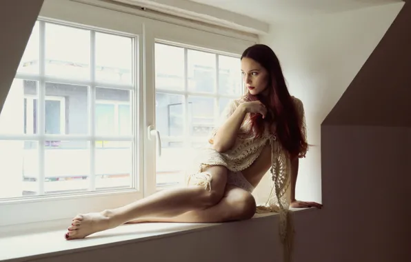 Girl, pose, window
