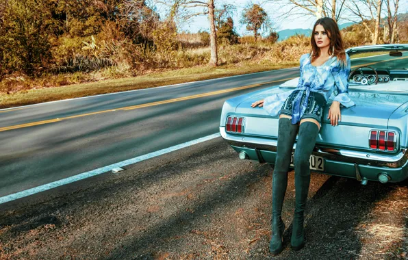 Girl, boots, classic car, outdoor, high heeled