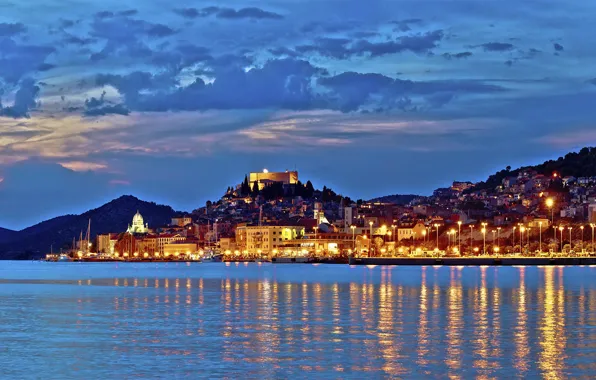 Sea, night, the city, Croatia, Adriatica, Jadran, Sibenik