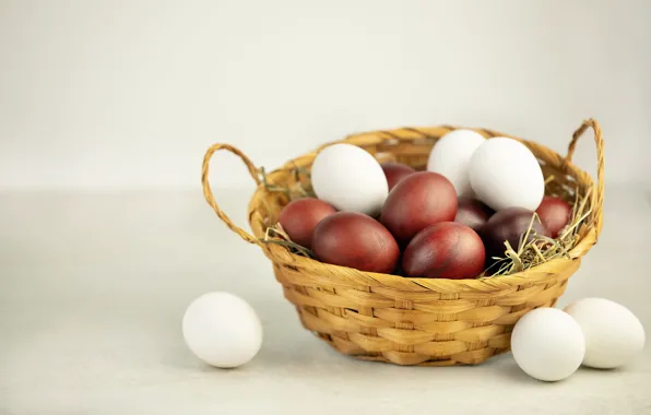 Table, background, holiday, eggs, spring, Easter, straw, white