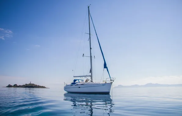 Sea, coast, lighthouse, island, yacht, calm, at anchor