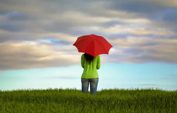 Field, girl, umbrella