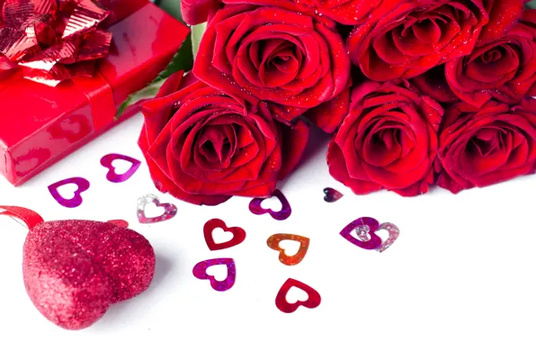 Flowers, gift, roses, bouquet, hearts, red, red, love