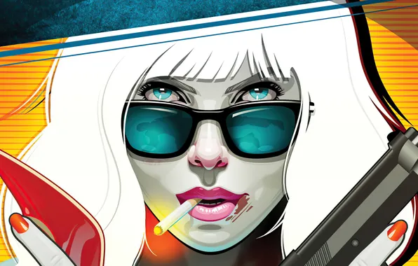 Gun, background, Charlize Theron, art, glasses, blonde, cigarette, Charlize Theron