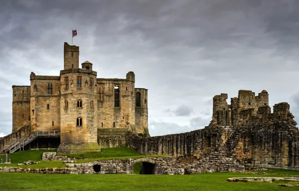 The sky, grass, clouds, clouds, stones, castle, overcast, wall