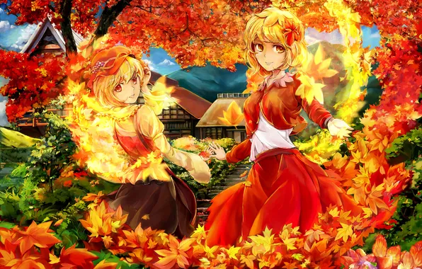 Autumn, leaves, trees, house, fire, girls, yellow, art