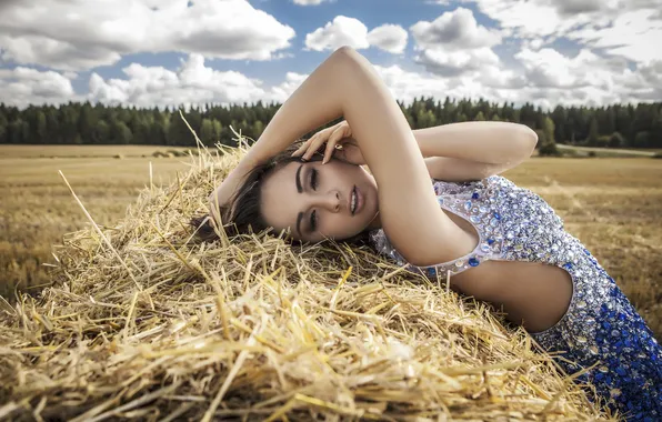 Field, the sky, look, girl, clouds, face, hair, hands