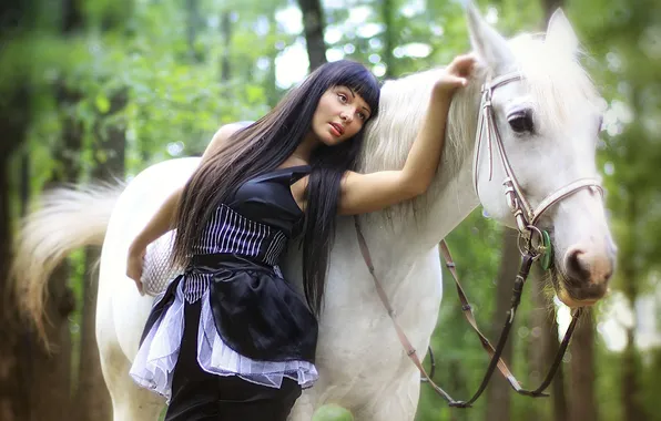 Forest, girl, brunette, white horse