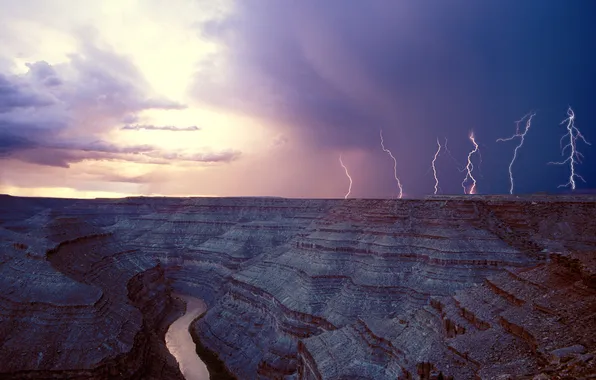 Clouds, river, lightning, canyon