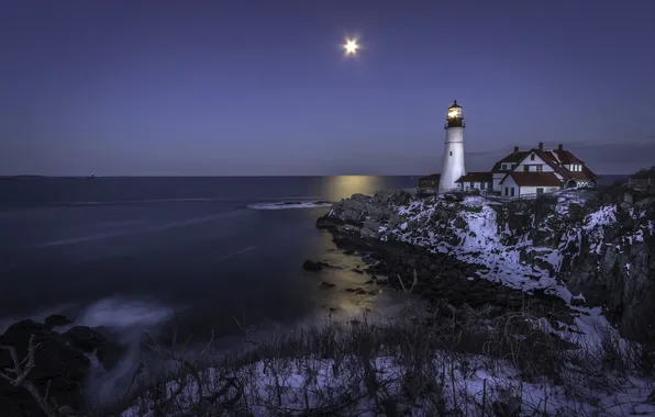 Sea, night, lighthouse