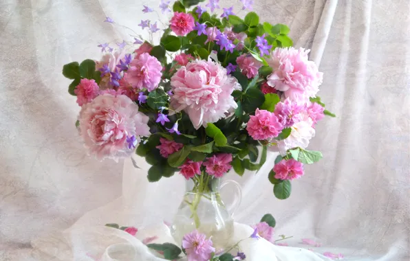 Pink, tenderness, roses, bouquet, texture, bells, peonies