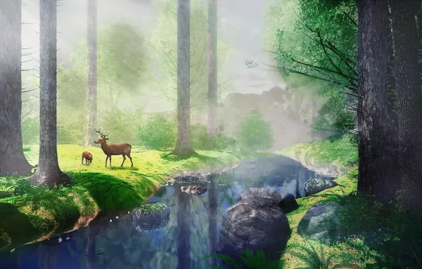 Picture forest, nature, river, deer, 3D graphics, by IkyuValiantValentine