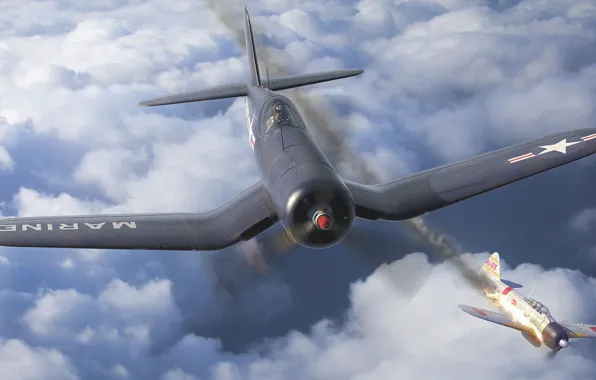 Chance Vought F4U Corsair, Mitsubishi A6M Zero, Marine corps USA, USMC, single carrier-based fighter