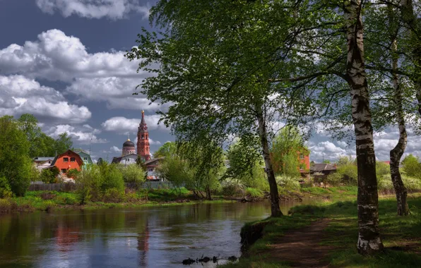 Clouds, trees, landscape, nature, village, Church, birch, path