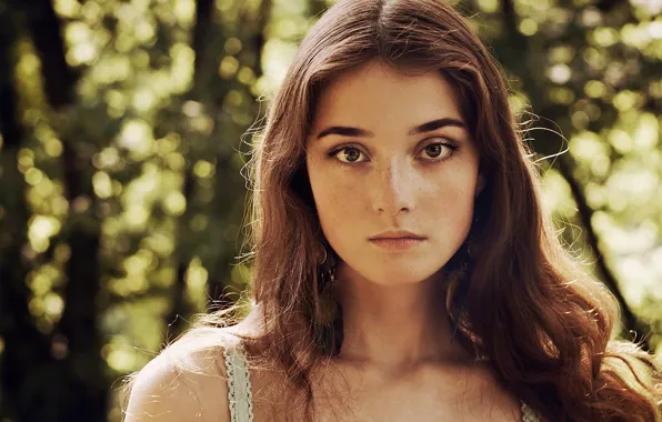 Greens, look, girl, brown hair, bokeh, brown-eyed