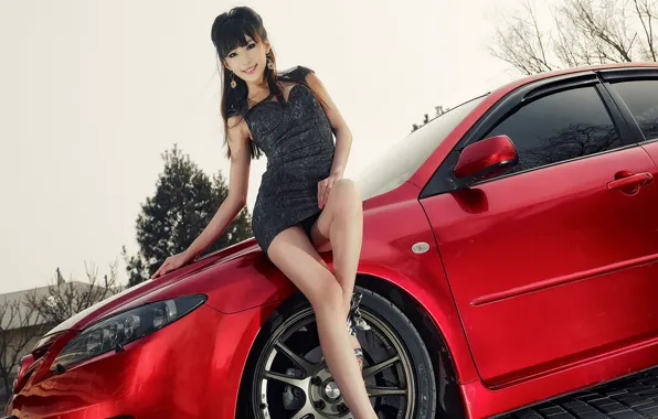 Picture look, smile, Girls, Mazda, Asian, beautiful girl, red car, beautiful dress
