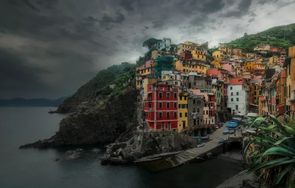 Sea, clouds, the city, rocks, shore, building, home, Italy