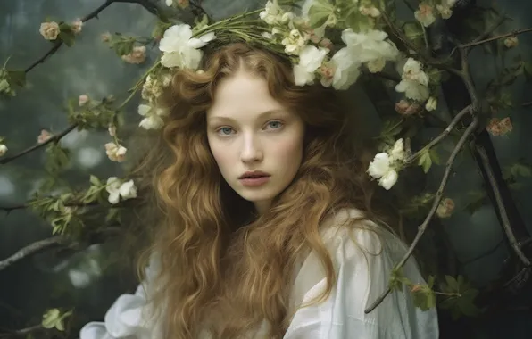 Girl, flowers, branches, portrait, garden, white, in white, long hair