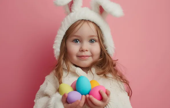 Flowers, holiday, portrait, eggs, spring, rabbit, Easter, costume