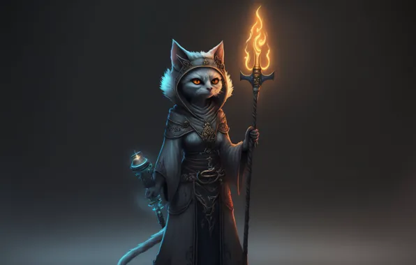 Cat, the dark background, fire, MAG, staff, fire, cat, Catwoman